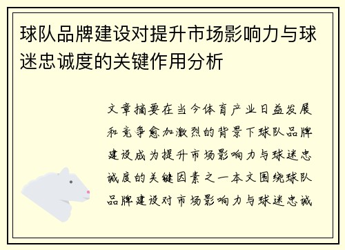 球队品牌建设对提升市场影响力与球迷忠诚度的关键作用分析